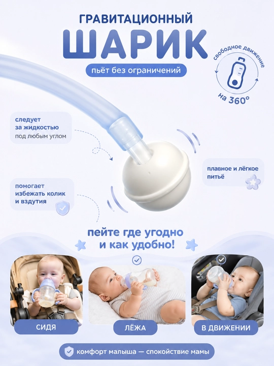 Бутылочка для кормления детская антиколиковая с силиконовой соской, трубочкой и шариком