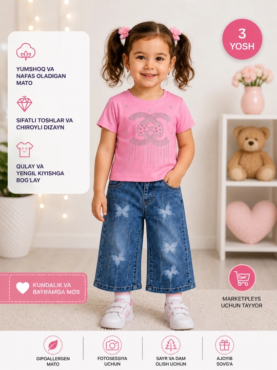 Комплект для девочки: розовая футболка и джинсы клеш 2-5 лет