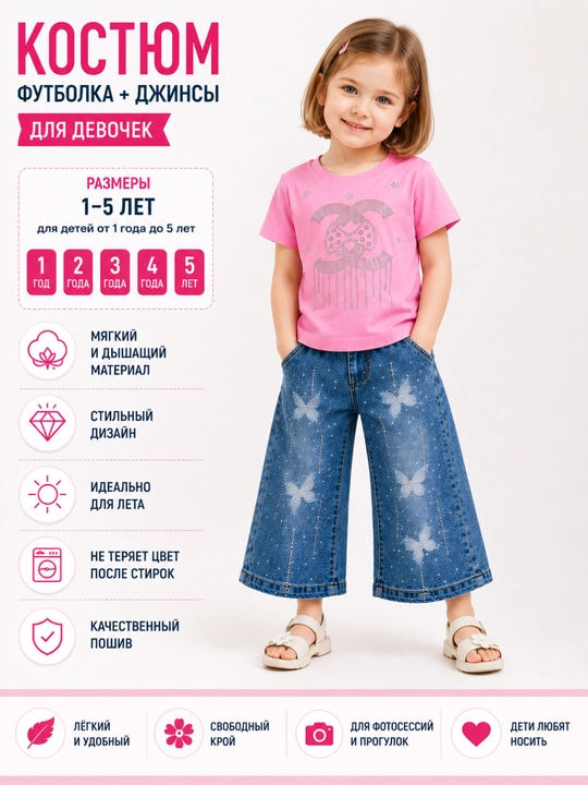 Комплект для девочки: розовая футболка и джинсы клеш 2-5 лет