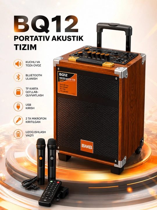 Karaoke kolonka B-Q12, 50W, Bluetooth, mikrofonli, g‘ildirakli, portativ - 