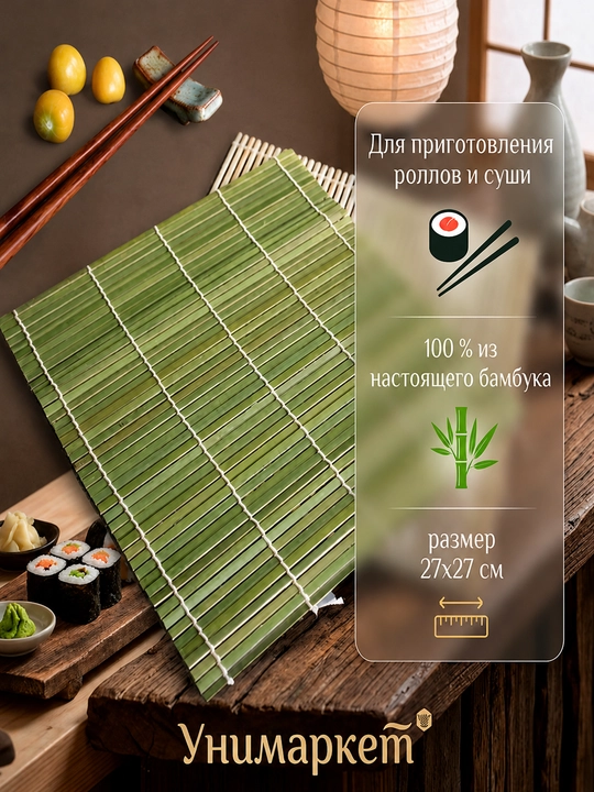 Sushi va roll tayyorlash uchun bambuk gilamcha 27×27 sm, 100% tabiiy bambuk, yashil