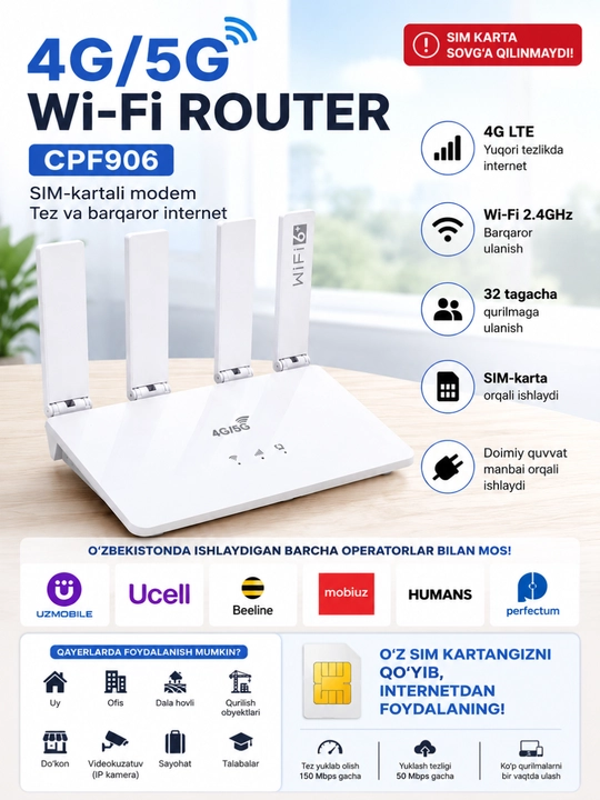 Wi-Fi 4G-роутер с SIM-картой CPF906 WiFi Router - 