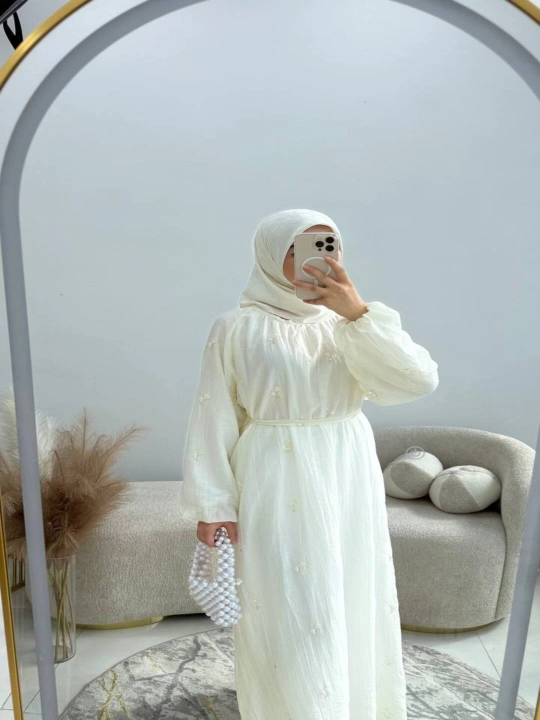 Biserli uzun ko'ylak ayollar uchun – astarli, yengil premium mato, hijob uslubi