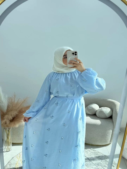 Biserli uzun ko'ylak ayollar uchun – astarli, yengil premium mato, hijob uslubi