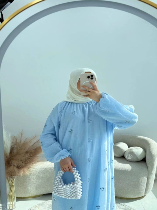 Biserli uzun ko'ylak ayollar uchun – astarli, yengil premium mato, hijob uslubi