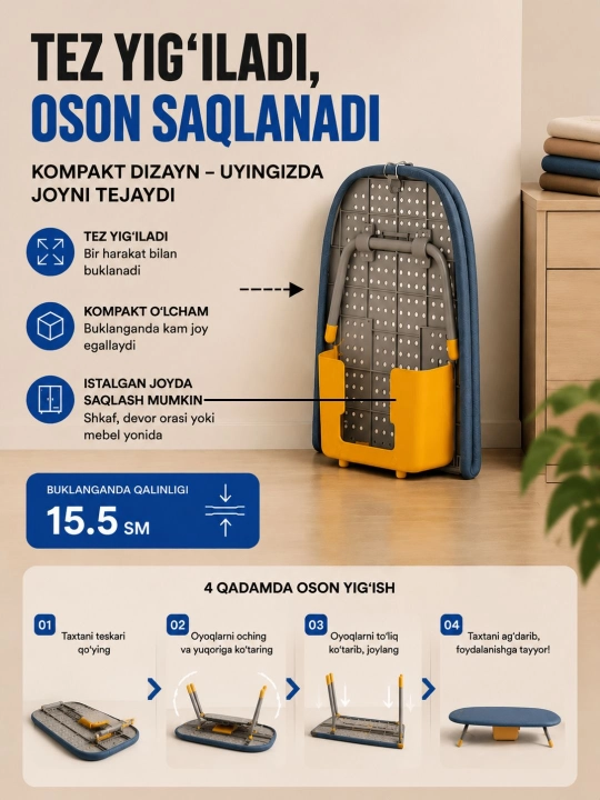Issiqqa chidamli silikon gilamchali stol uchun buklanadigan mini dazmollash taxtasi