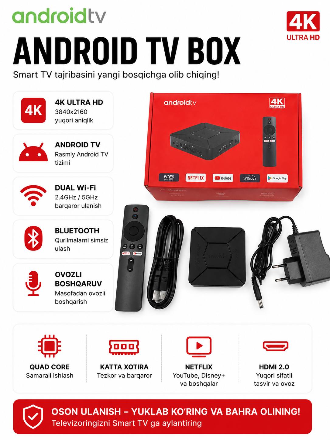 Smart TV Box Q5 smart televizor prishitavkasi, Android TV 10, Ovozli pult, Wi-Fi 5G - 