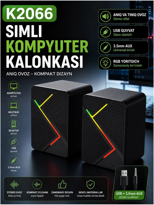 K2066 simli kompyuter kalonkasi, USB + 3.5 mm AUX, stereo ovoz, RGB yoritgich - 