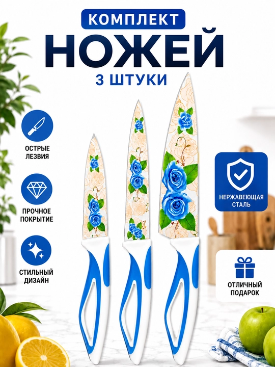 Oshxona pichoqlari to‘plami, 3ta pichoq nabor, rangli pichoq, gulli pichoq, keramik pichoq - 