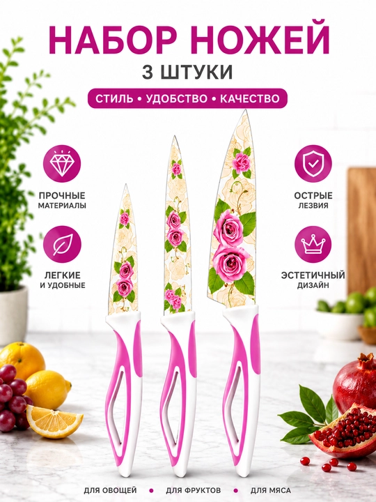 Oshxona pichoqlari to‘plami, 3ta pichoq nabor, rangli pichoq, gulli pichoq, keramik pichoq - 