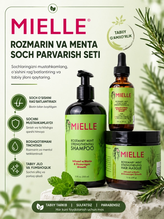 Rozmarin va menta asosidagi soch parvarish seti, o‘sishni rag‘batlantiradi - 
