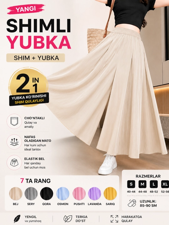 Yubka-shim, keng shim — yozgi ayollar shimi, yubkali shim - 