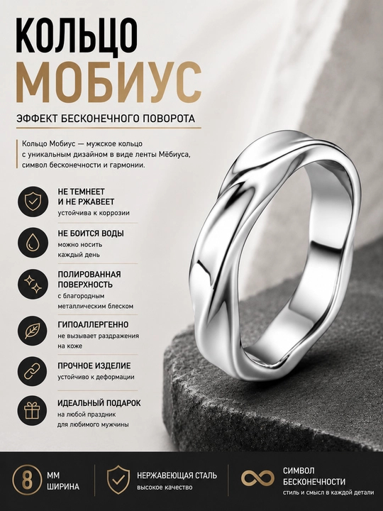 Кольцо Мобиус — мужское кольцо с эффектом бесконечного поворотам - 