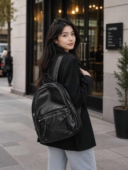 Ryukzak, qora shahar backpack, eko charm kundalik rugzak