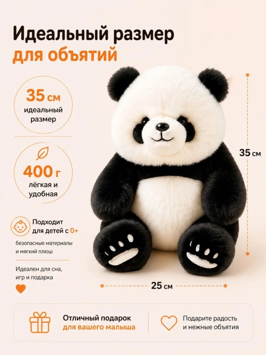 Yumshoq panda, 35 sm, kir yuvish mashinasida yuviladi, a’lo sovg‘a