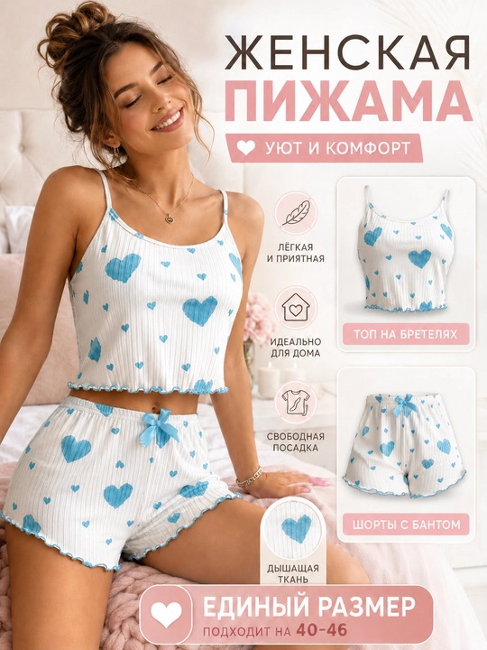 Ayollar pijamasi, to‘plam, mayka va shortik - 