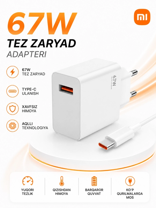 Tezkor zaryadka 120W, 67W, 33W USB Type-C, Android uchun tarmoqli zaryadlovchi qurilma - 