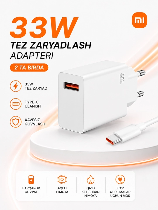 Tezkor zaryadka 120W, 67W, 33W USB Type-C, Android uchun tarmoqli zaryadlovchi qurilma - 