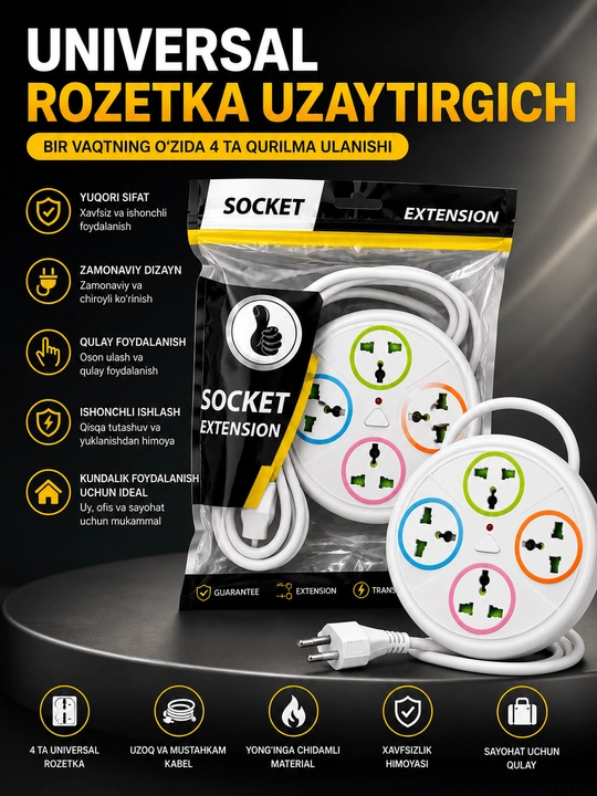 Universal 4 Talik Rozetka Uzaytirgich Mustahkam Kabel Xavfsiz Elektr Ulagich - 