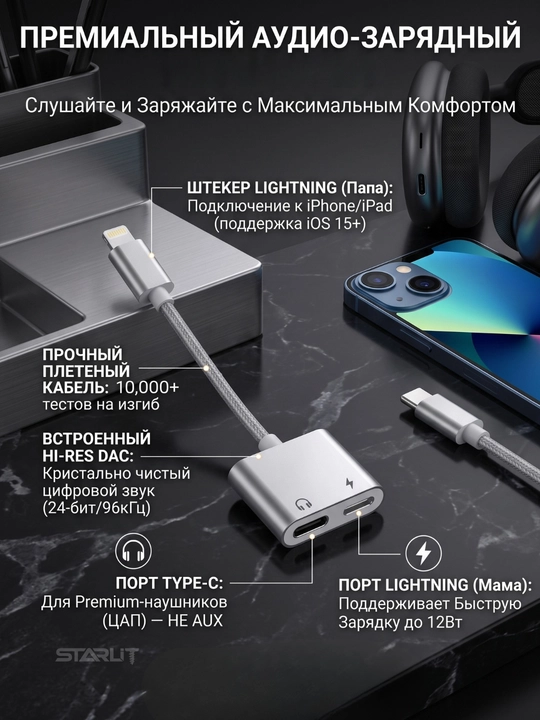 Type-C tarmoqlagich-adapteri, 2 ta 1 da - quvvatlash va quloqchinlar,audio + quvvatlash - 