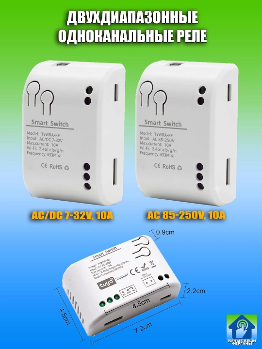 Умные реле с сухим контактом, 2-х диапазонные, Wi-Fi + RF433, работает с Tuya Smart Alisa