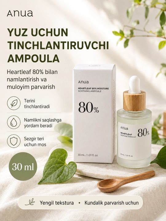 Anua Heartleaf namlantiruvchi va tinchlantiruvchi zardob-ampulasi 80%, 30 ml - 