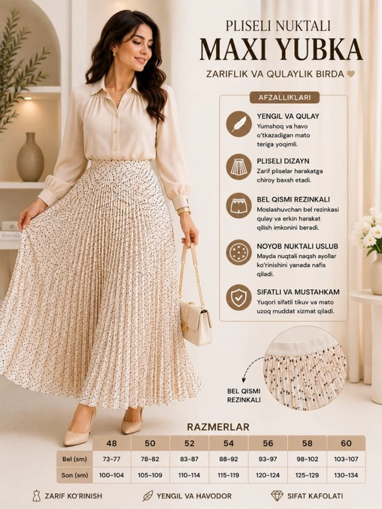 Burmali ayollar shifon yubkasi, no‘xatsimon, rezinka bilan Belda, katta o‘lchamlar 48-56