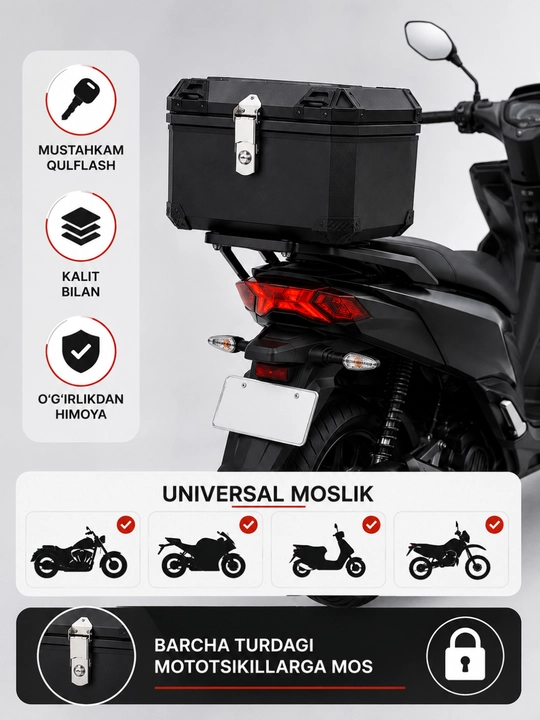 Qulflanadigan yukxona, skuter bagaj, mototsikl skuterlar uchun, sport dizayni, universal