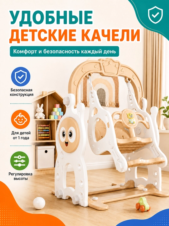 Детский игровой комплекс, с горкой, качелями и баскетболом, до 50 кг