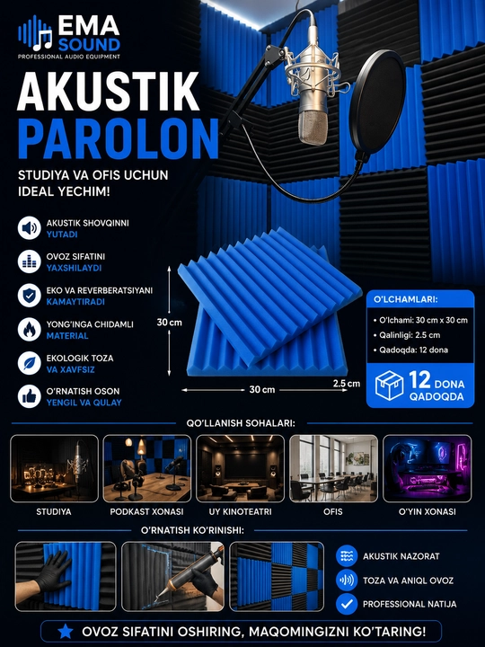 Akustik Porolon Panellar 30x30x2.5sm studiya va ofislar uchun