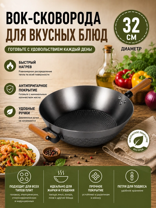 Yopishmaydigan Keramik Ikki dastalik Vok Tovasi, 32cm - 