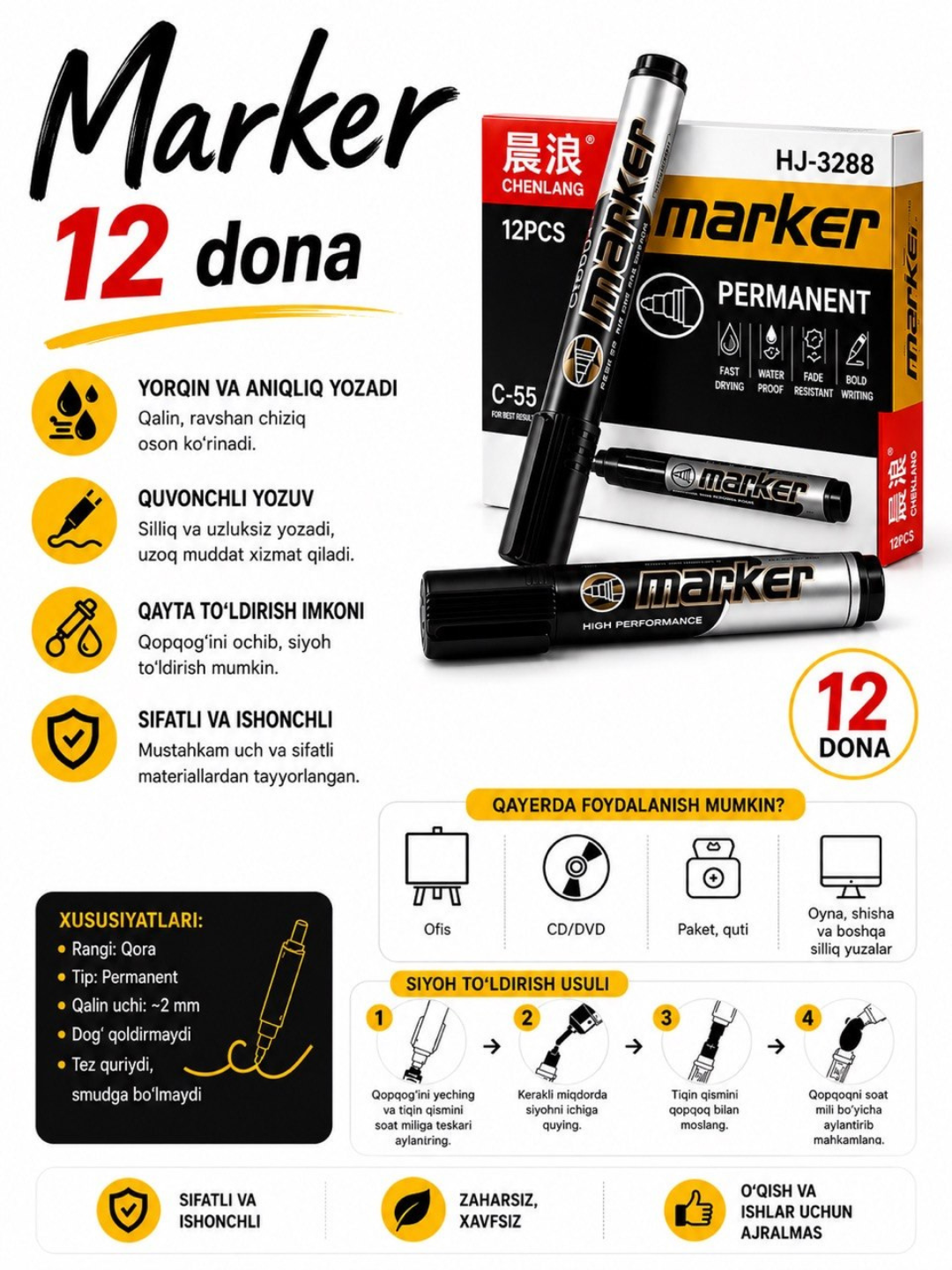 Qora marker, 12 dona - 