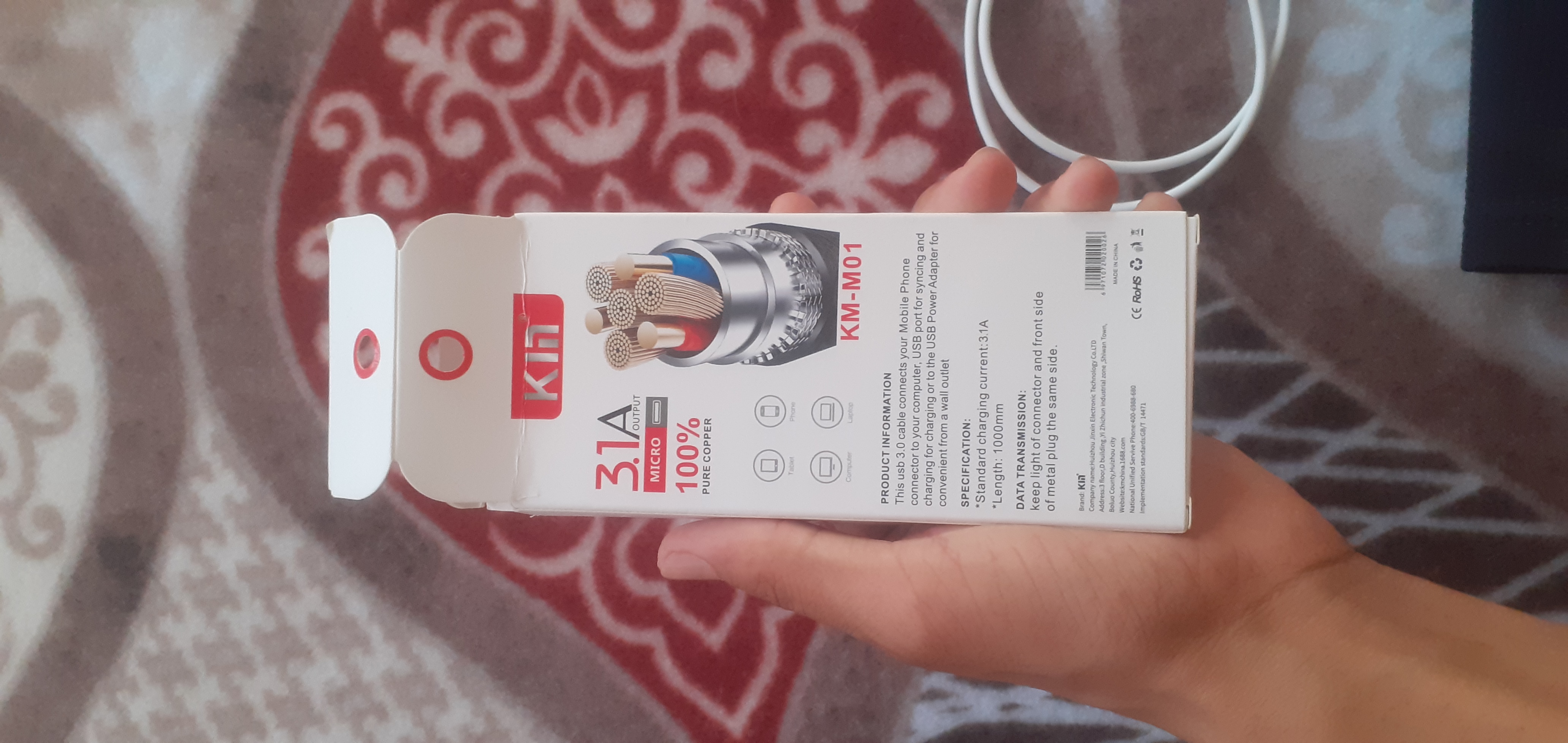 Micro USB kabel KIN KMM01 3.1A tez zaryad, 1 metr, Android telefon va planshet uchun