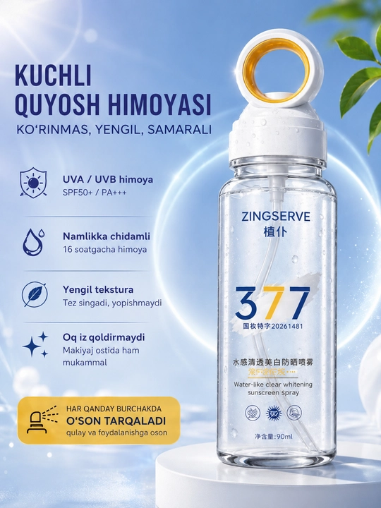 Yuz uchun SPF 50+ quyoshdan himoyalovchi sprey, 377 ultrabinafsha nurli himoya spreyi, SPF namlantiruvchi sprey