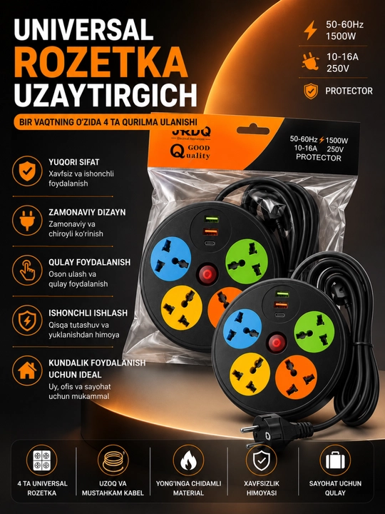 Universal 4 Talik rozetka uzaytirgich USB va type-C portli himoyali elektr ulagich - 