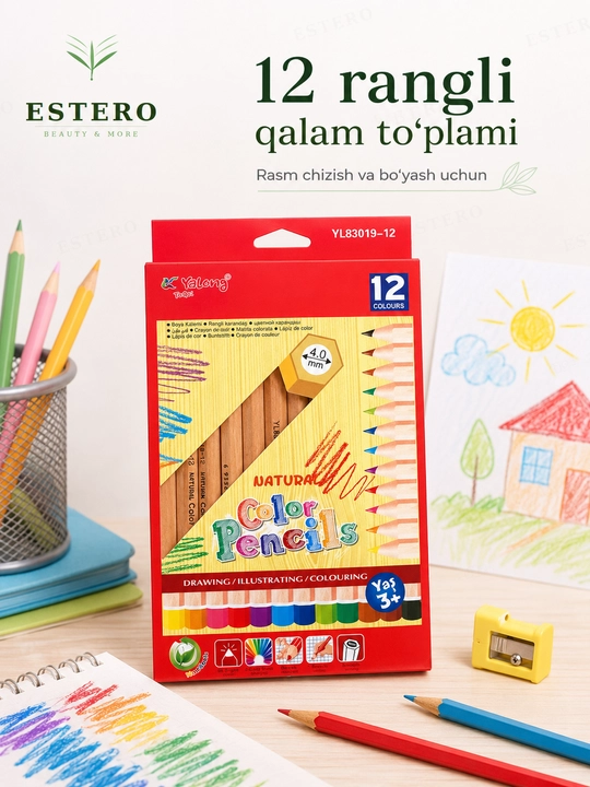 Yalong 12 rangli qalam to‘plami bolalar uchun tabiiy yog‘och color pencils