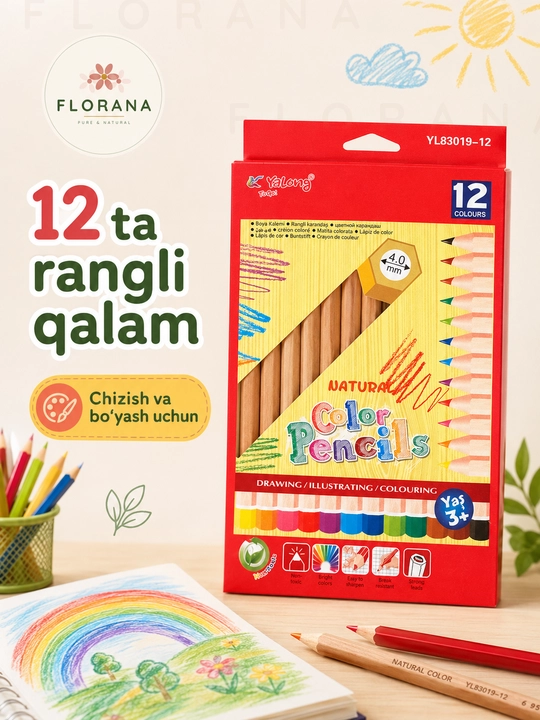 Yalong, 12 xil rangli, qalam to‘plami maktab va ijodiy rasm uchun