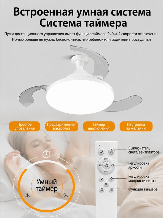 LED люстра с вентилятором с пультом 3 режима света, 4 скорости, современная для дома