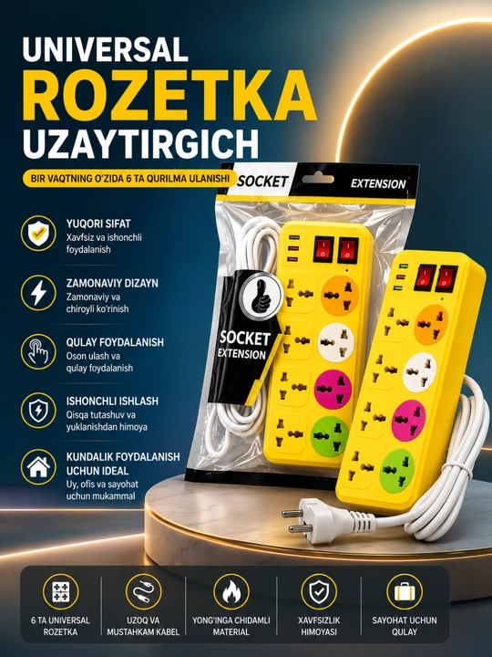 Universal Rozetka Uzaytirgich USB Type-C Himoyali Elektr Taqsimlagich Premium Sifat - 