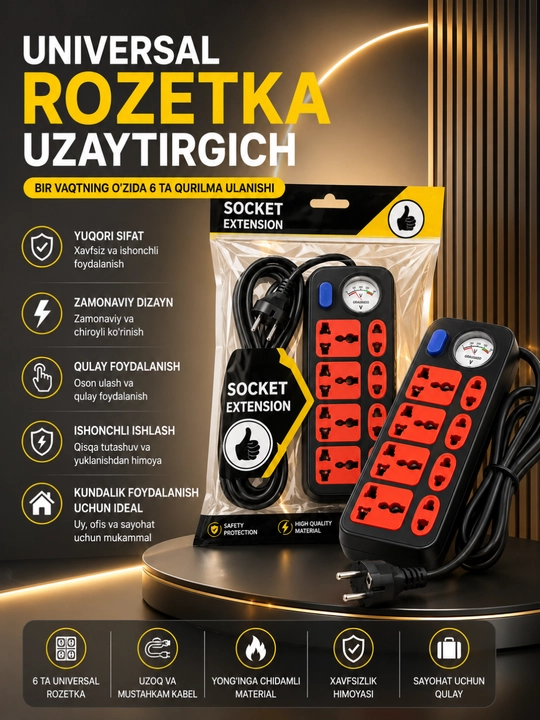 Universal Rozetka Uzaytirgich USB Type-C Himoyali Elektr Taqsimlagich Premium Sifat - 