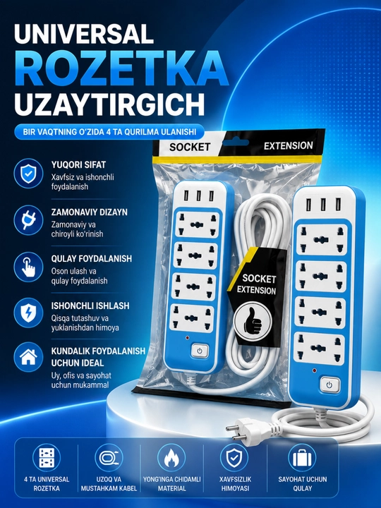 Universal Rozetka Uzaytirgich USB Type-C Himoyali Elektr Taqsimlagich Premium Sifat - 