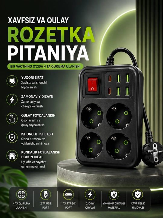 Universal Rozetka Uzaytirgich USB Type-C Himoyali Elektr Taqsimlagich Premium Sifat - 
