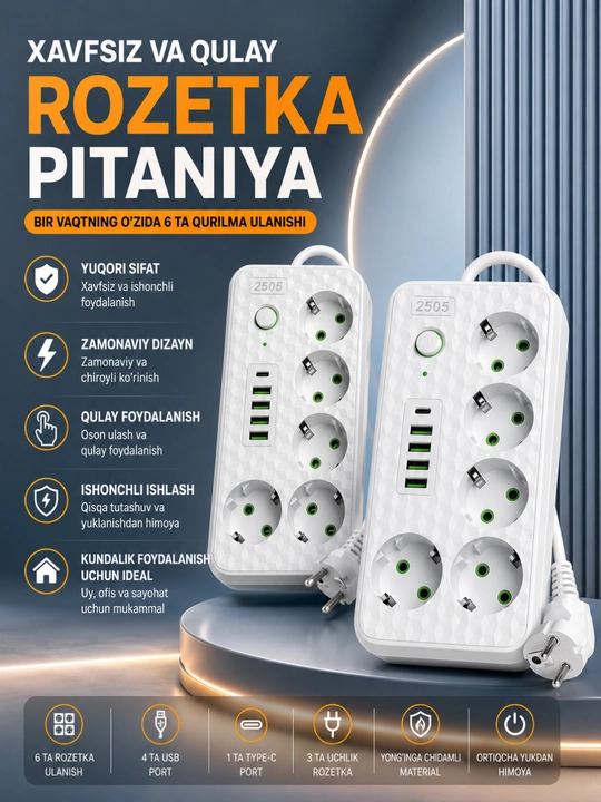 Universal Rozetka Uzaytirgich USB Type-C Himoyali Elektr Taqsimlagich Premium Sifat - 