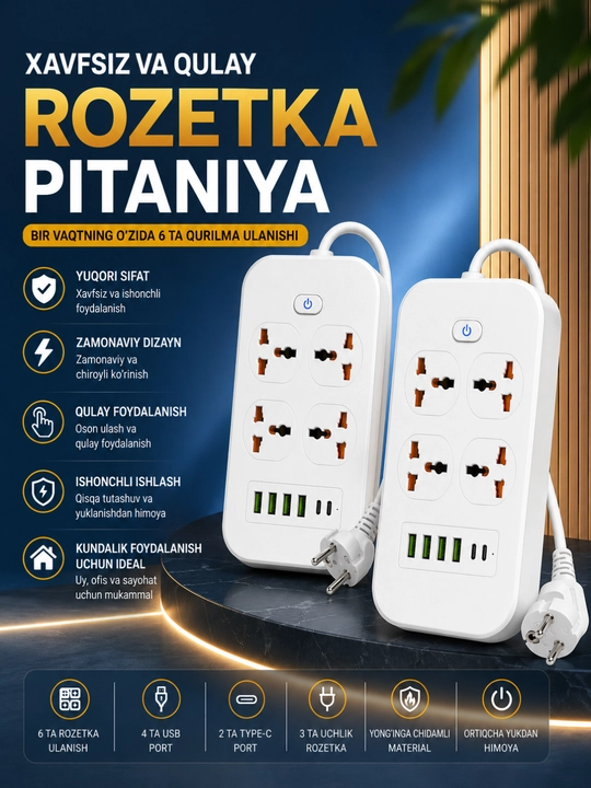 Universal Rozetka Uzaytirgich USB Type-C Himoyali Elektr Taqsimlagich Premium Sifat - 