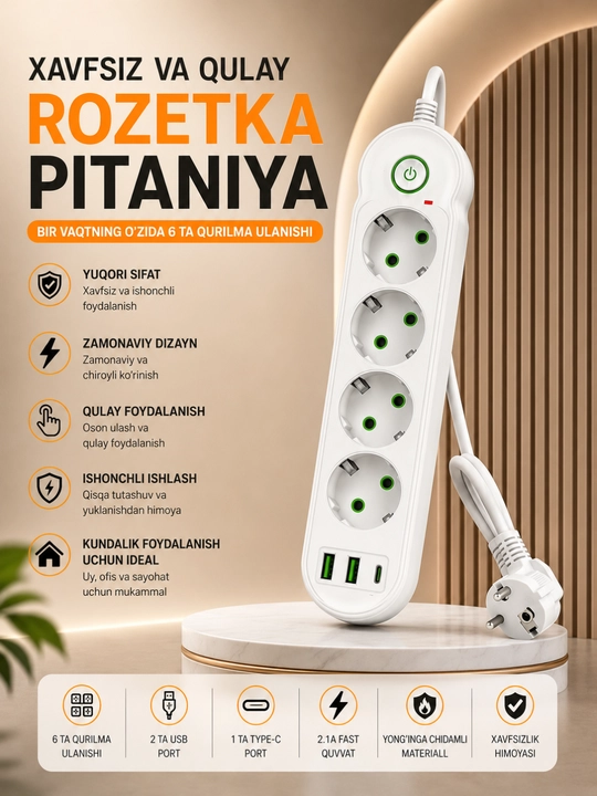 Universal Rozetka Uzaytirgich USB Type-C Himoyali Elektr Taqsimlagich Premium Sifat - 