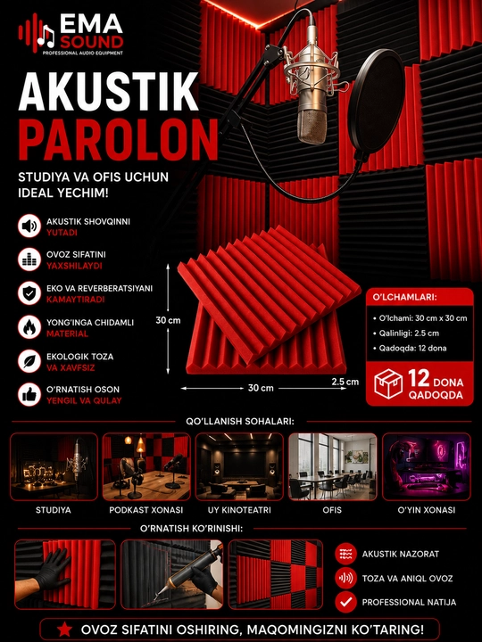 Akustik Porolon Panellar 30x30x2.5sm studiya va ofislar uchun