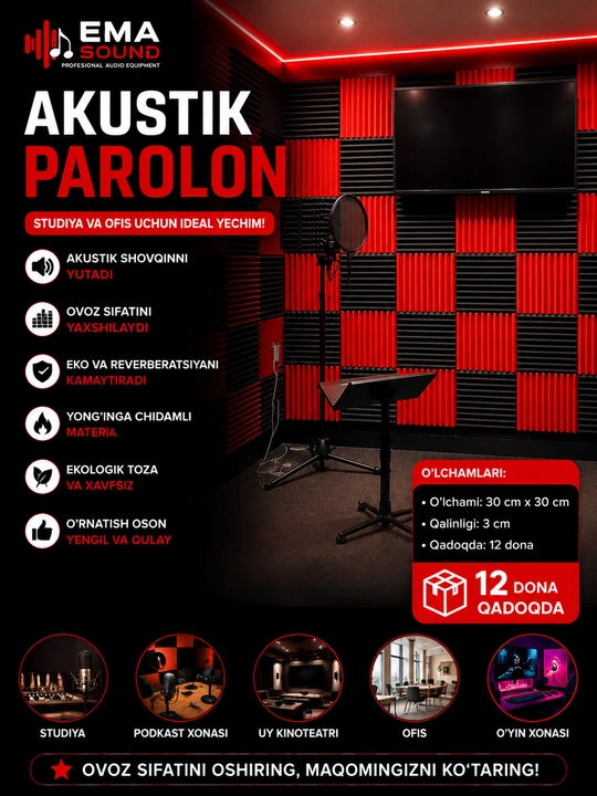 Akustik Porolon Panellar 30x30x2.5sm studiya va ofislar uchun