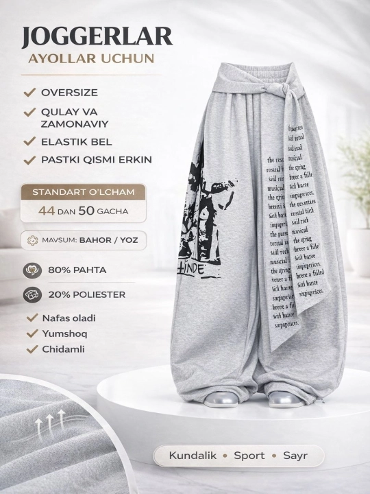 Ayollar uchun, katta o‘lchamli sport jogger shimlari bahor-yoz mavsumi, qulaylik, 44-50