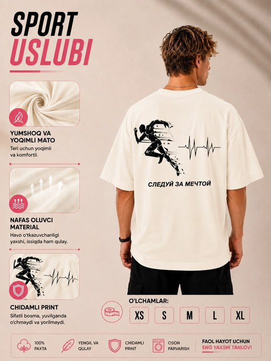 Erkaklar uchun oversize futbolka, "Orzuing ortidan bor" printli t-shirt,paxtali,qisqa yeng