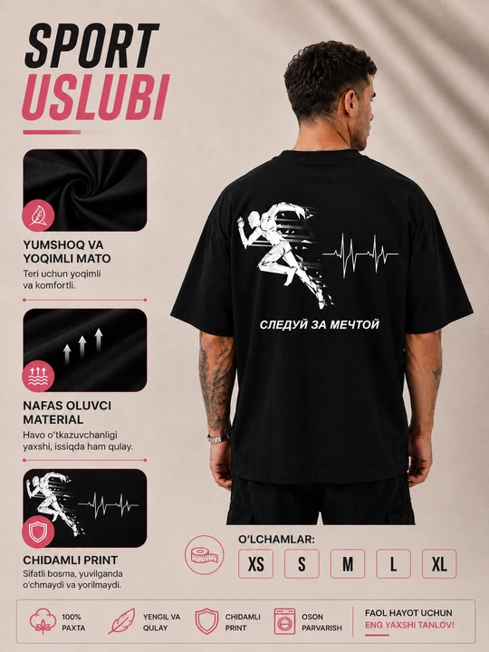 Erkaklar uchun oversize futbolka, "Orzuing ortidan bor" printli t-shirt,paxtali,qisqa yeng
